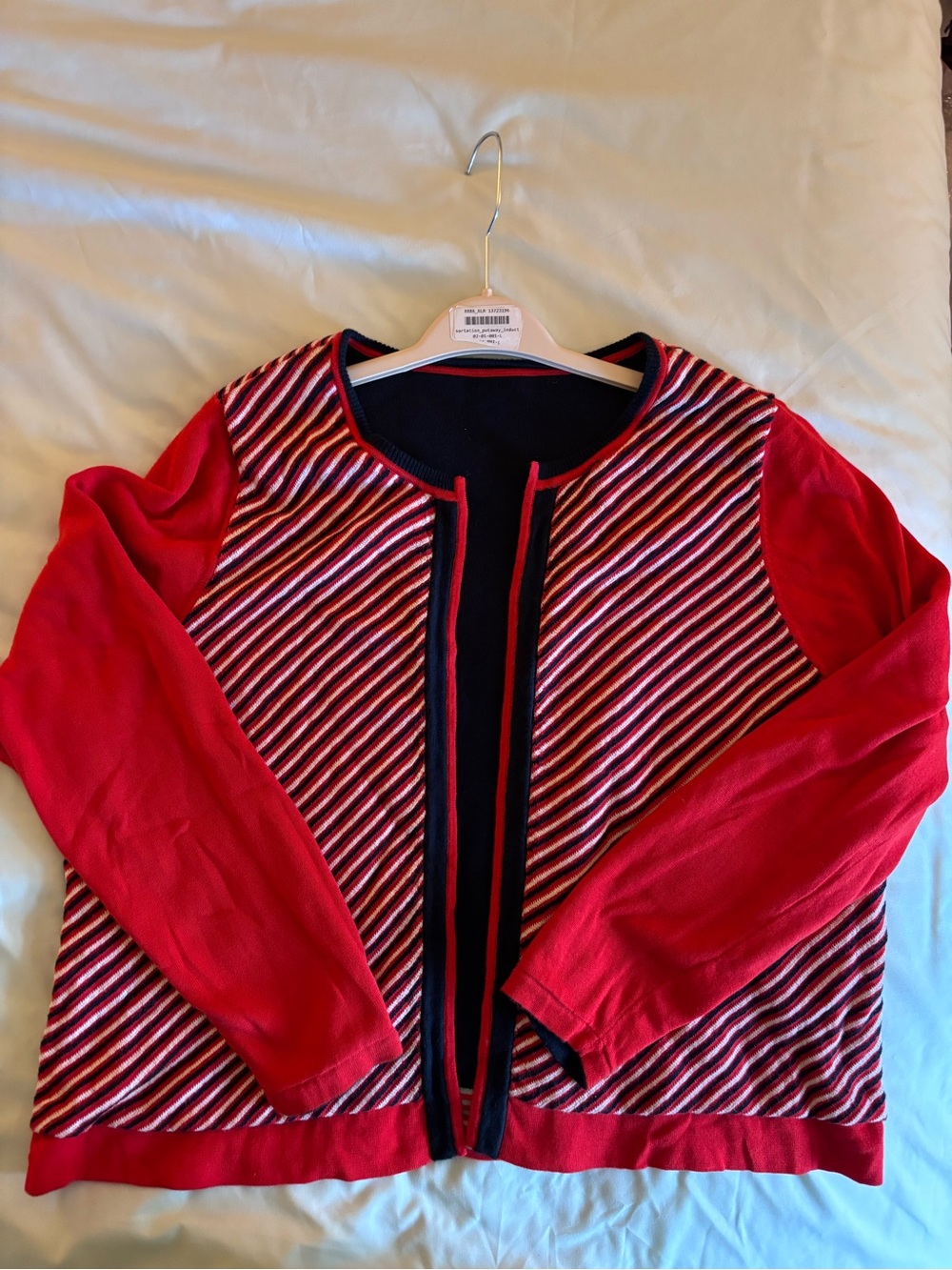 CAbi Size L/XL reversible Red, Navy & White Striped Open-Front Cardigan